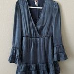 Heart & Heels Satin Blue Long Ruffle Sleeve Dress Size L Photo 0