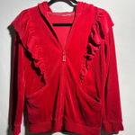 Red Velvet Ruffled Hooded Track Jacket Pockets Cotton Blnd Holiday Boho Casual M Size 14 Photo 0