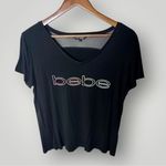 Bebe Sport Women's Black Mesh V-Neck Logo T-Shirt Short Sleeve Photo 1