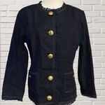 Joan Rivers  Dark Wash Denim Jacket Ruffle Trim Gold Button Classic Style Size 8 Photo 0