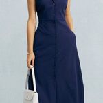 RIHOAS The Navy V Neck Button Cap Sleeve Midi Dress Blue Size L Photo 0