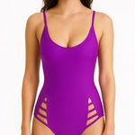 Jordan Emme  Purple‎ One Piece Swimsuit Cutout Sides V Neck Size S Photo 0