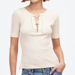 Madewell  women’s Ribbed Lace Up Short Sleeve Tee in Vintage ivory Size M NWT Photo 0