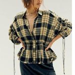 Free People  Women's Pacific Dawn Plaid Shirt black green tan sz L Photo 0