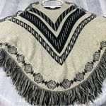 Charming Charlie Black and Cream Patterned Poncho with Fringes; OS Photo 0
