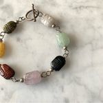 VTG Sterling Silver Carved Multi Gemstone Scarab Bracelet 8” Egyptian Revival Green Photo 3