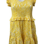 Elan  Yellow Eyelet Smocked Ruffle Scoop Neck Short Sleeve Mini A-Line Dress Sz S Photo 0