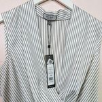 BCBG White and Navy Sleeveless Pinstripe Wrap Top, Size Small Photo 1