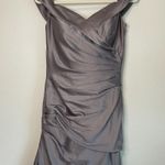 La Femme  Gray Satin Ruched Off the Shoulder Trumpet Gown Photo 7