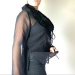 Y2K Faux Fur Collar Sheer Chiffon Tie Front Blouse Size Large Black Photo 2
