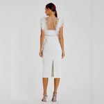 Mac Duggal White Feather Cap Sleeve Pearl Embellished Tea-length Fit Dress Photo 2