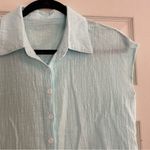 None Cyan Blue Beachy Boho Lightweight Button Up Short Sleeve Top Photo 3