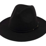 New Black Classic Wide Brim Panama Hat Belt Buckle Wool Fedora Floppy Photo 0