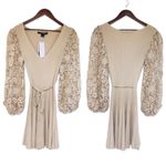 French Connection New  Tan Lace Sleeve Mini‎ Sweater Dress Pleated Holiday Party Photo 1