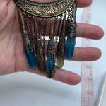Bohemian fringe frosted glass burnished brass dangle necklace. Blue Photo 2