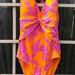 Ellen Tracy  Women's Coral print pink & orange Halter One Piece Swimsuit size 10 Photo 0