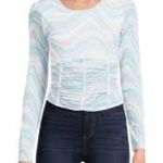 Madden NYC Juniors' Sheer Corset Ruched Top Nantucket Breeze Size M Blue Photo 5