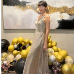 ADDISON EVENING Gold Gown Glitter Metallic Dress Sleeveless V Photo 12