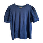 CeCe Navy Blue Lace Sleeve T Shirt Women Size Medium Puff Sleeve Casual Top Photo 0