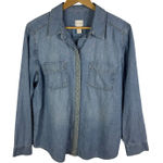 Chico's  Chambray Denim Embroidered Button Down‎ Shirt Size 2 Large Blue Western Photo 0