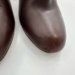 Coach Sondra Brown Leather Heeled Ankle Boot with Gold Logo Buckle Strap Photo 3