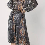 Summum Midi Dress with Ikat print Long Sleeve Flowy Boho Cinched Tie Waist S Black Photo 0