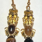Gold Tone Feng Shui Tiger's Eye Beaded Pixiu Dragon Earrings Photo 0