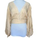 BOG Band of the Free Brie Light Camel Long Sleeve Top Lace Insets V Neck Medium Photo 2