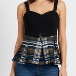 Deletta Anthropologie  Nathalie‎ Peplum Top Black Pleated Stripes Plaid Size L Photo 0