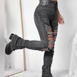 SheIn ICON Women's Front Button Distressed Hem Denim Jeans in Dark Gray, Size 4 Photo 1