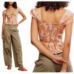 Free People  Call Me Baby Cap Sleeve Button-Up Shirt in Meerkat Combo Size XL Photo 1