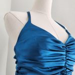 Jessica McClintock Y2K Teal Satin Halter Ruffle Drop Waist Mini Homecoming Dress Photo 2