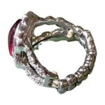 Adjustable Silver Tone Ring with Red Gemstone and Clear Accents Photo 1