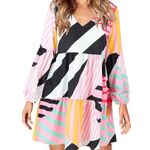SheIn Colorful Pink Striped Long Puff Sleeve Tiered Dress Art Deco Knee Length Photo 0
