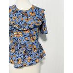 ZARA  Exaggerated Ruffle Floral Print Blouse Top Short Sleeve‎ Blue Orange Small Photo 5