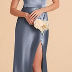 Birdy Grey  Shiny Satin Kensie One Shoulder Maxi Gown Dress French Blue Small Photo 0