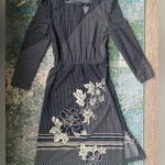 Vintage 60/70s black striped floral tie neck midi dress, size 14 Photo 0