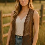 Vitrin Design Lace Vest Womens Large Brown Whimsical Floral Fall Hippie Boho Photo 0