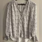 1. State  Women’s White Floral Print V-Neck Smocked Cuff Button Down Blouse Photo 0