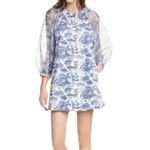 STAUD Garden Balloon Sleeve Shift Dress In China Blue Toile Photo 2