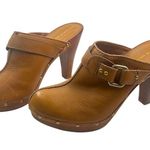 Antonio Melani Womenโs Brown Leather Buckle Clog Heels โ Size 8.5 Photo 0