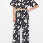 frame denim FRAME Drawstring Lounge Pants Cotton Silk Black White Abstract Print Wide Leg XS Photo 2