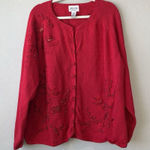 Women’s Red Cardigan Embroidered Vintage Beaded 3x Floral Christmas holiday cute Photo 0