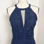 Nightway Navy Sequins Lace Gown Womens 10 Formal Maxi Gown Halter Style Slit Blue Photo 3