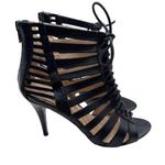 Nine West Size 7 Strappy Lace-Up 3.5" High Wood Heel Sandals Back Zipper Black Photo 0