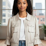 Kate & Mallory Beige Jacket Womens Medium Ruffle Sleeve Zip Up Collared Photo 0