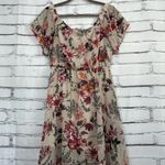 AUW  Floral Midi Dress Women’s Medium Beige Red Short Sleeve Boho Peasant Western Photo 3