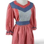 Vintage 70s Handmade Patchwork Picnic Prairie Dress Red Blue Gingham Medium Photo 1
