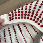 Queen of Sparkles White Puffed Sleeve Red Rhinestone Sunburst Sparkle Top S Photo 5