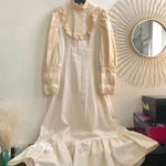RARE Handmade 1970s Victorian/Edwardian Cream Tan Vintage Prairie Maxi Dress Gown Lace Ruffles Tiered High Collar Bishop Long Sleeves Belted Waist #Boho #Cottagecore #Modest #Romantic #Peasant #Gunne #Sax White Photo 0
